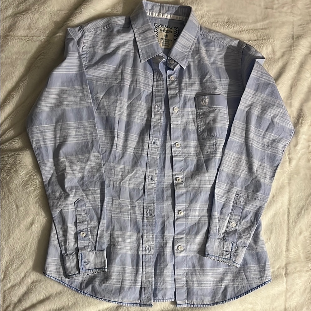 Panhandle Blue and White Casual Button Down Shirt with Plaid Pattern - Picture 2 of 4
